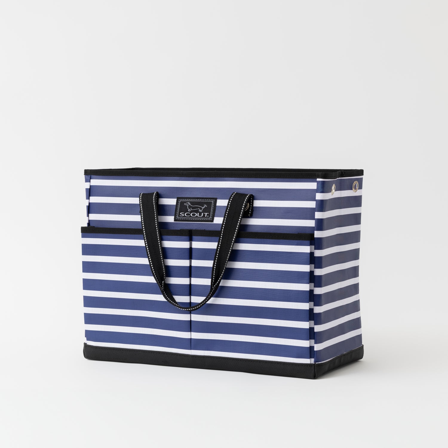 Blue and white striped tote bag with black handle on a light gray background