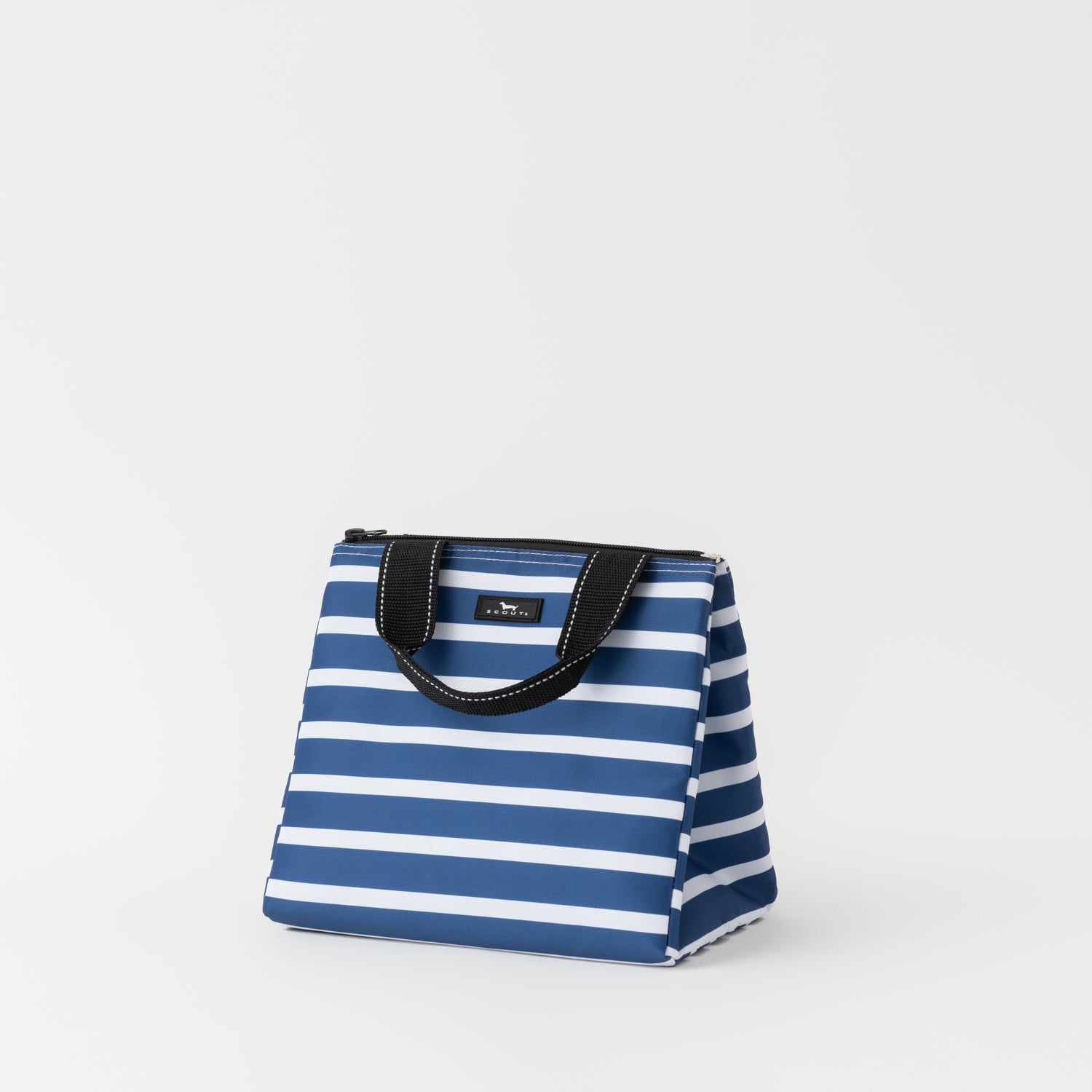 Blue and white striped bag with black handle on a light gray background