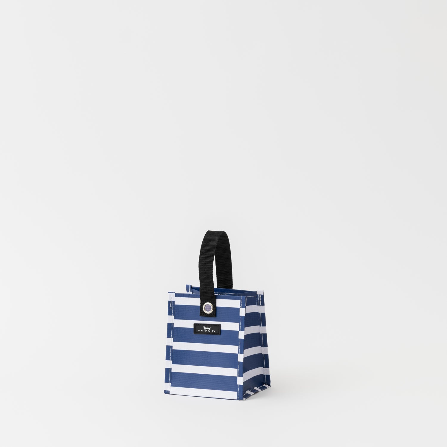 Blue and white striped bag with a black handle on a white background
