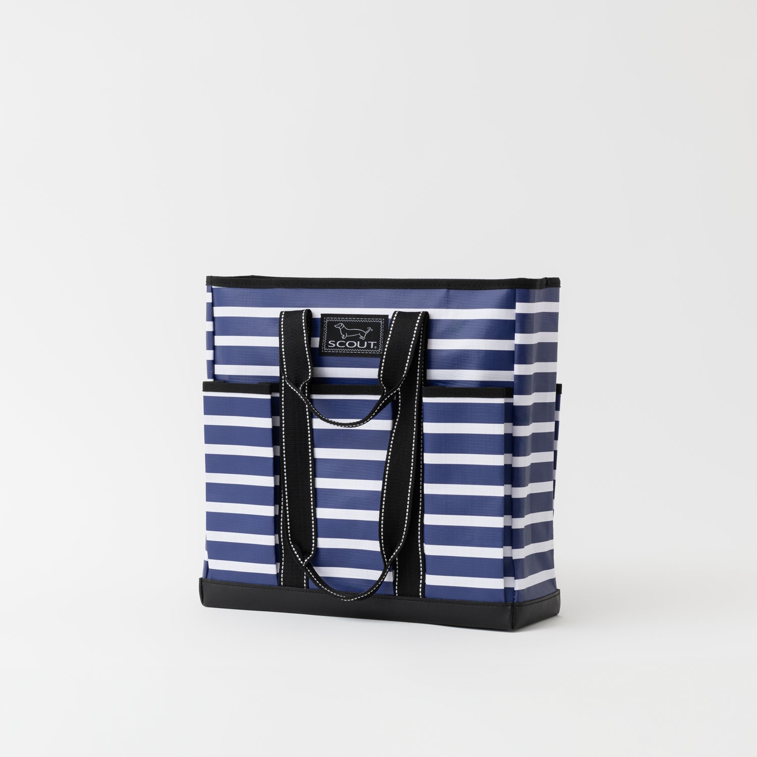 Blue and white striped tote bag with black accents on a light gray background