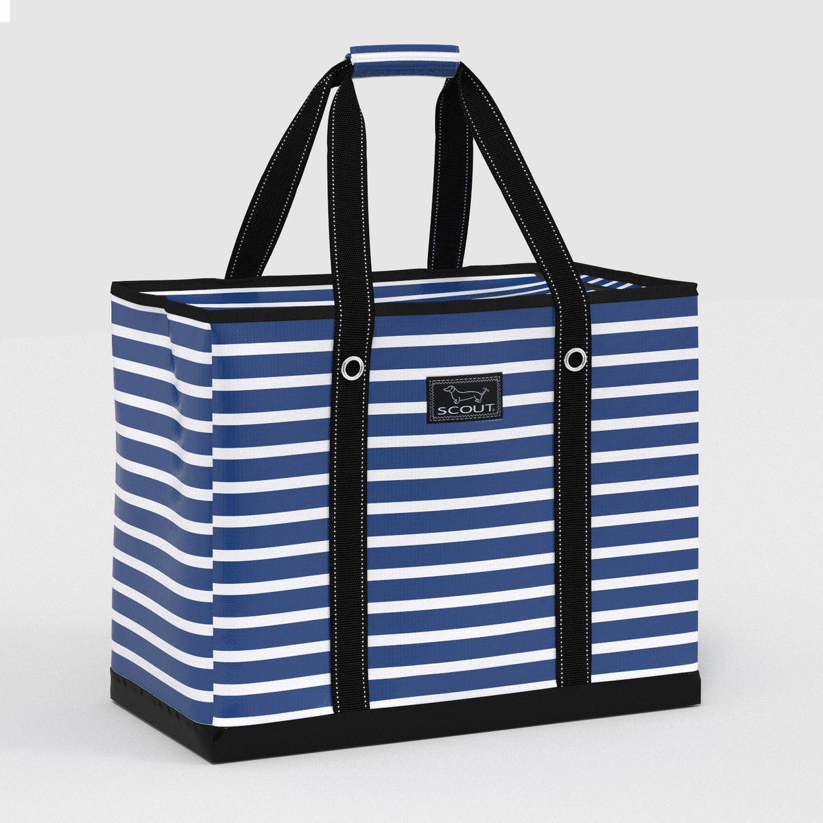 Blue and white striped tote bag with black handles on a light gray background