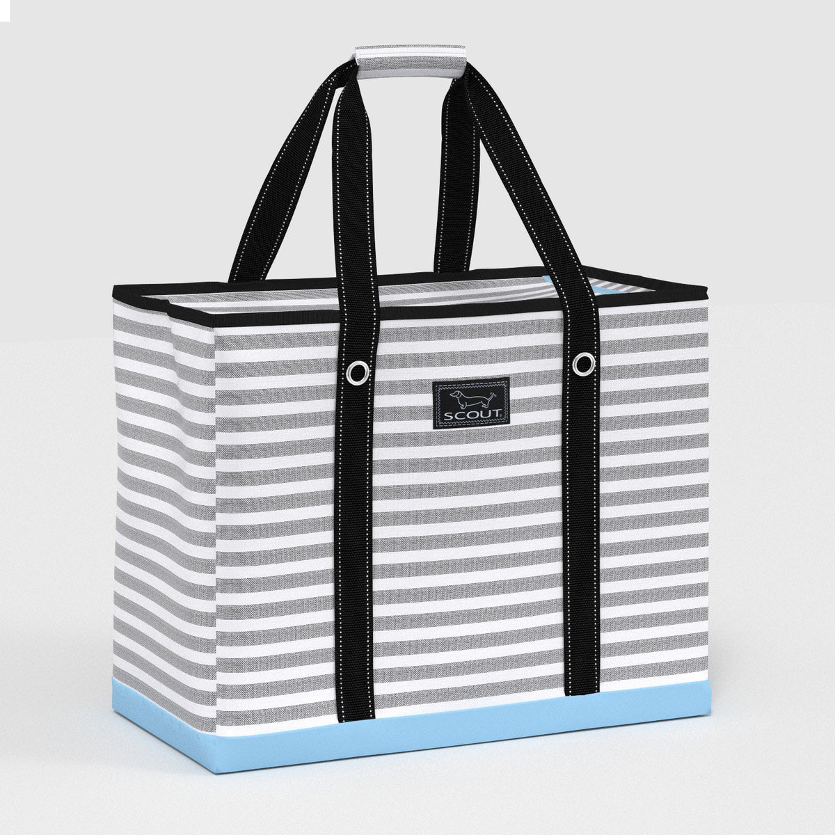 Striped tote bag with black handles on a light gray background