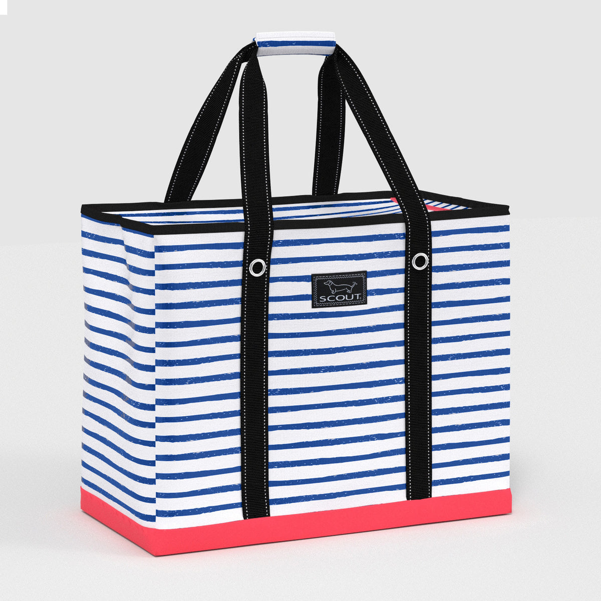 Striped tote bag with black handles on a white background