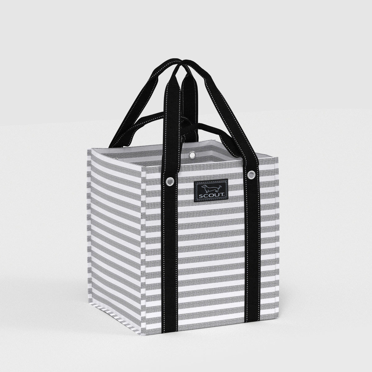 Striped tote bag with black handles on a white background