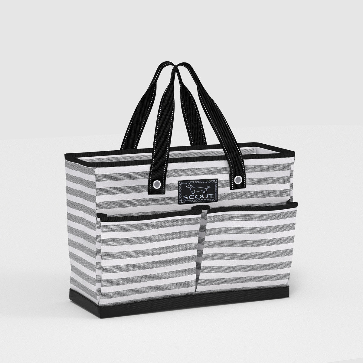 striped tote bag with black SCOUT logo