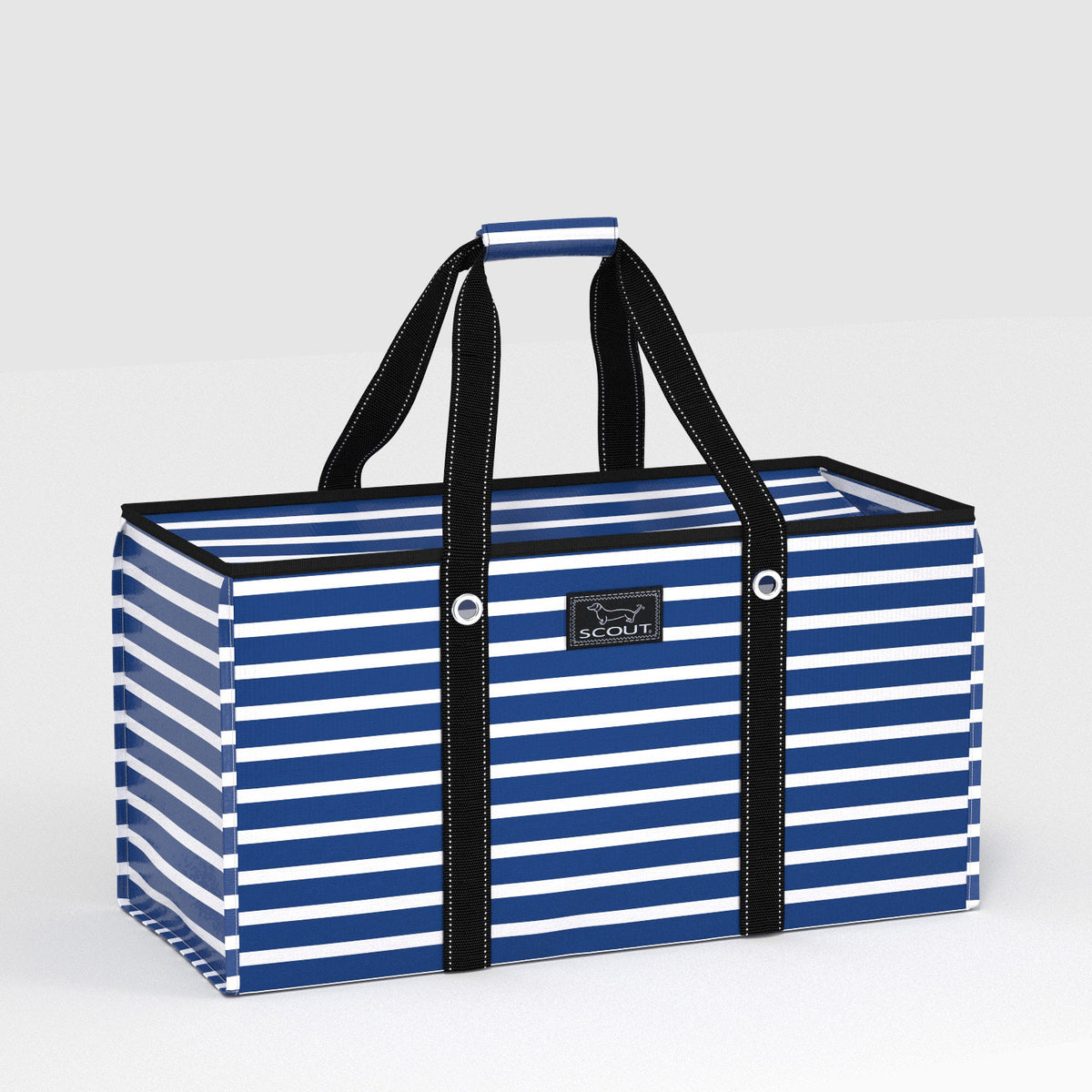 navy and white striped tote bag on gray background
