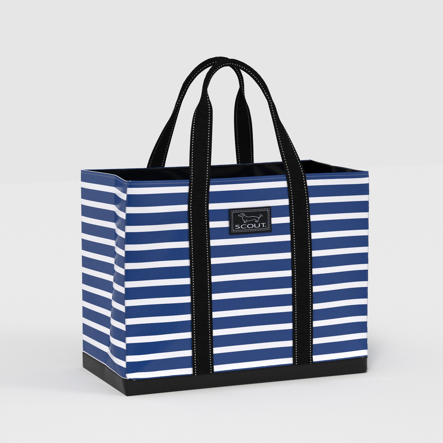 Blue and white striped tote bag with black handles on a light gray background