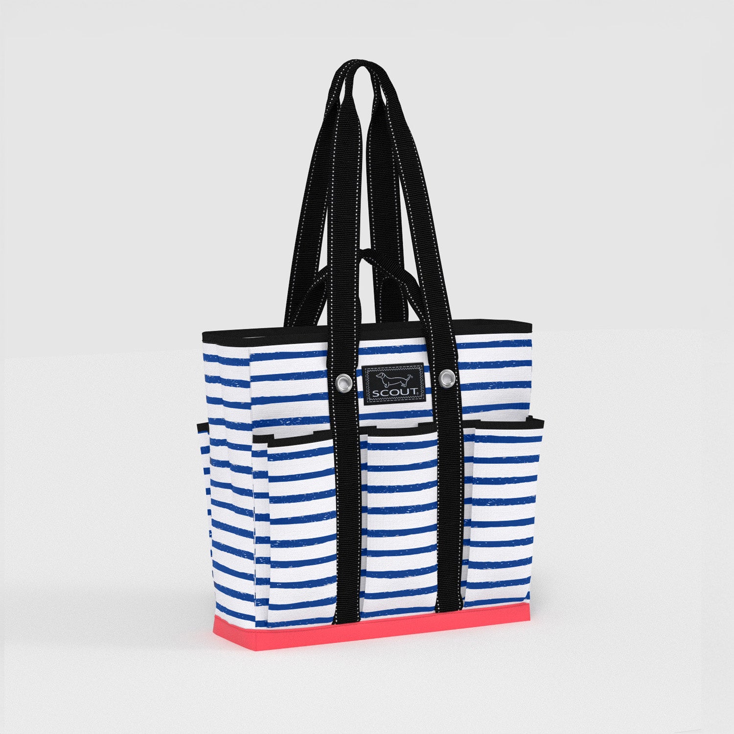 Striped tote bag with black handles on a light gray background