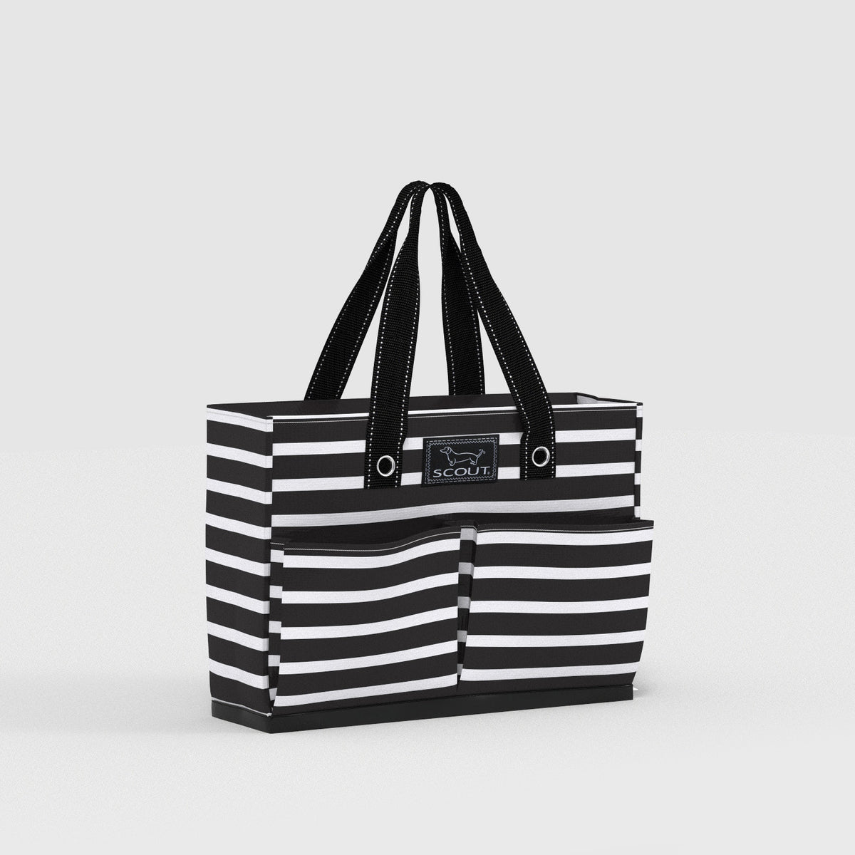 Black and white striped tote bag with 'Scout' branding on a light gray background