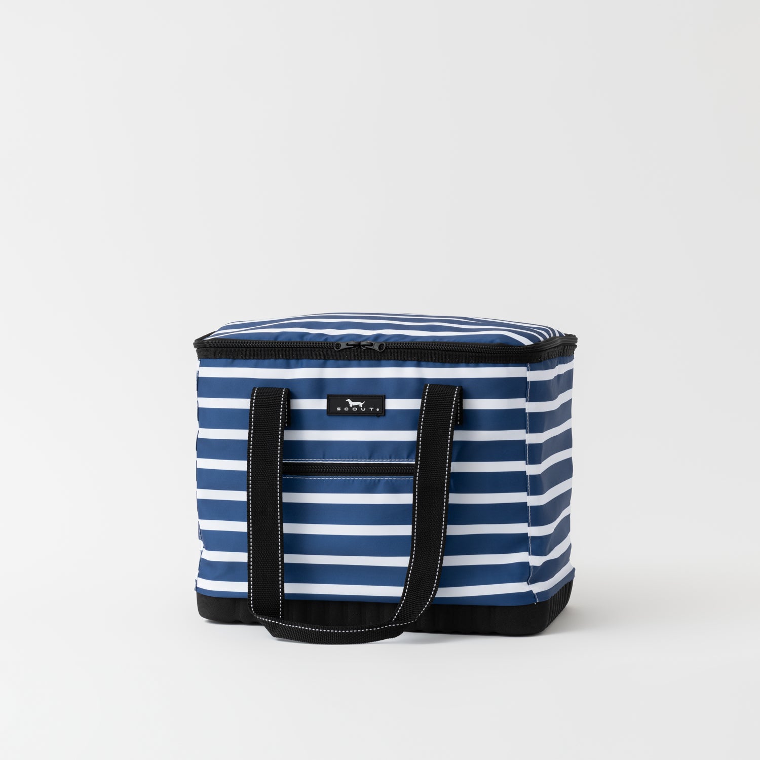 Blue and white striped cooler bag with black handles on a light gray background