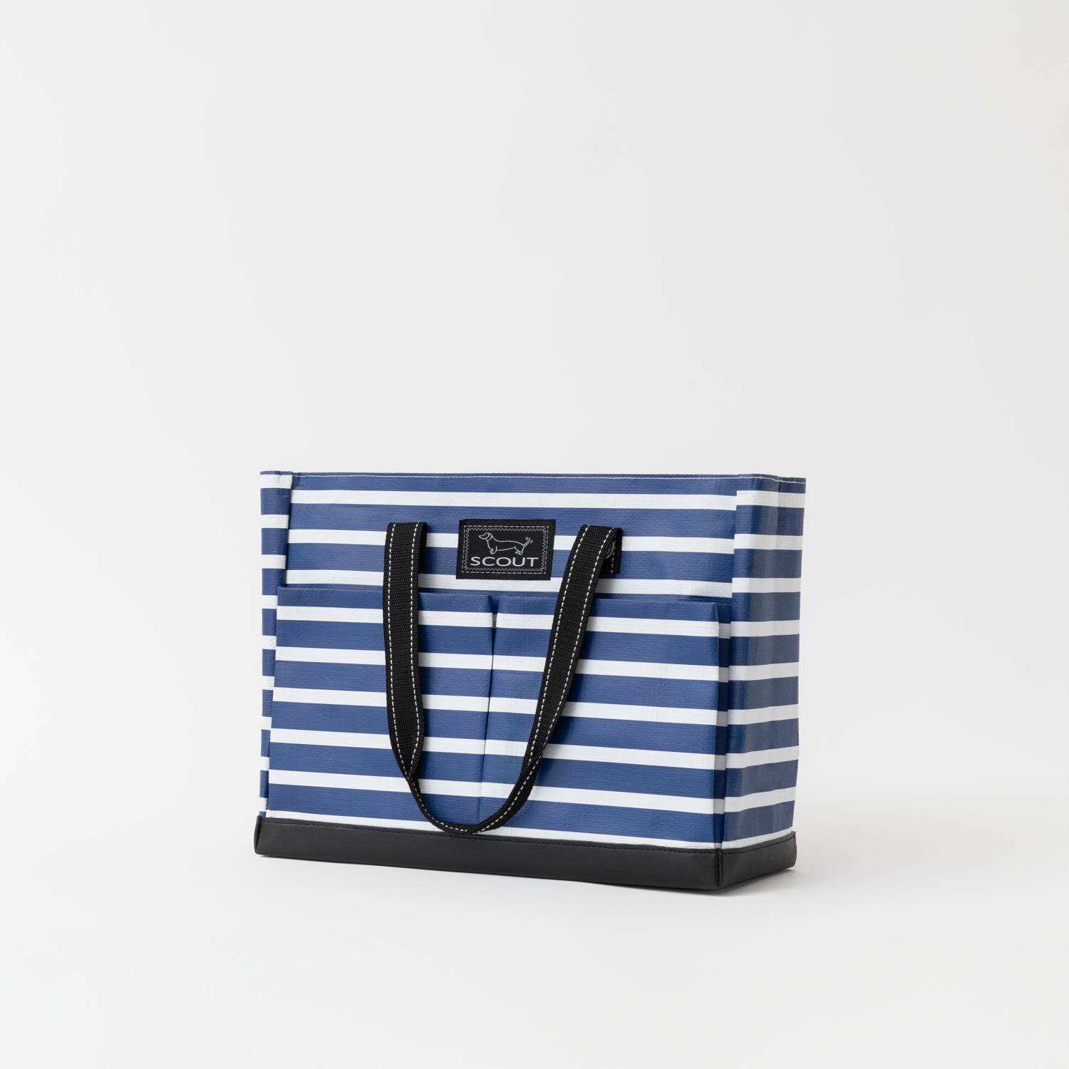 Blue and white striped tote bag with a black handle on a light gray background