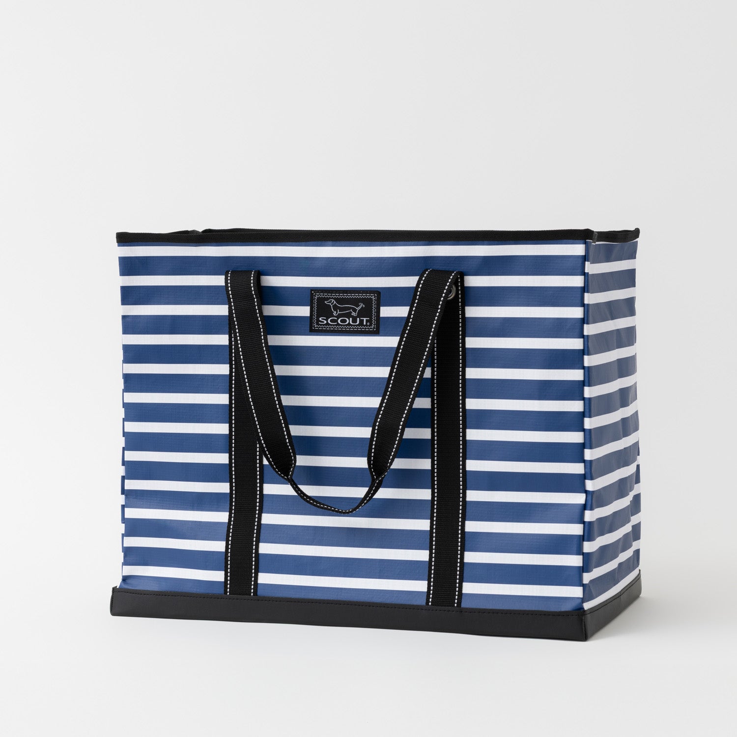 Blue and white striped tote bag with black handles on a light gray background