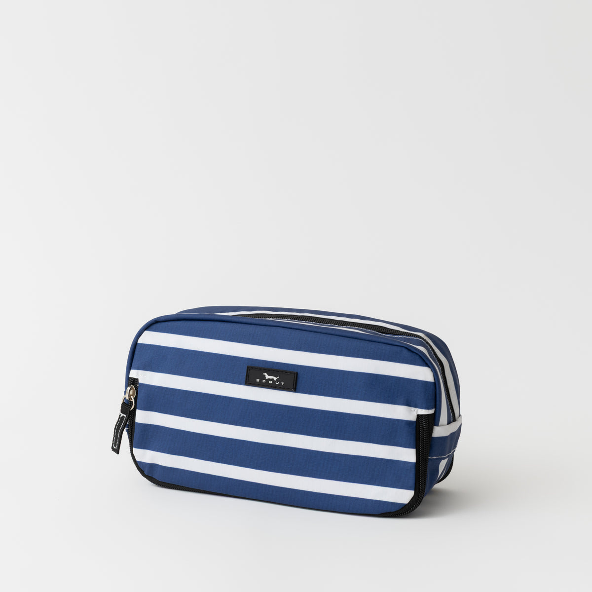 Blue and white striped toiletry bag on a light gray background