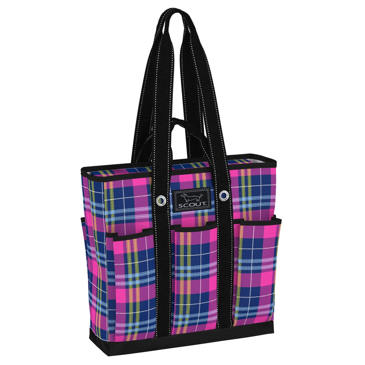 Plaid tote bag with Scout logo on a white background