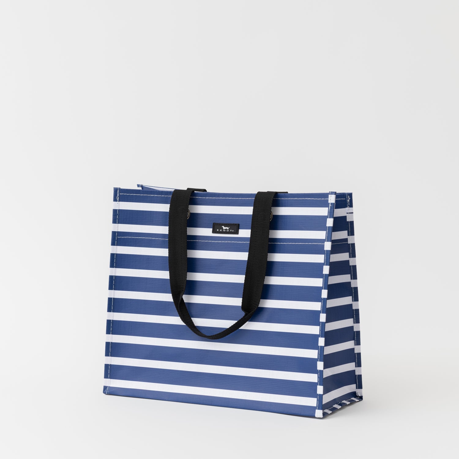 Blue and white striped tote bag with black handles on a light gray background