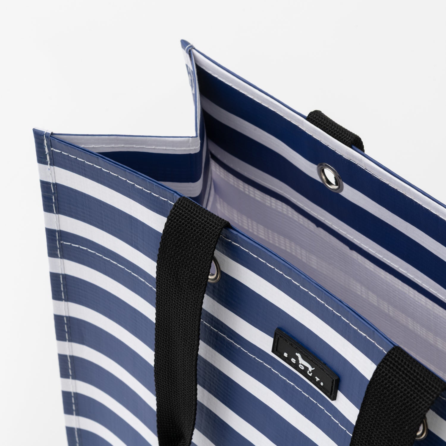 Blue and white striped bag with a black handle on a white background