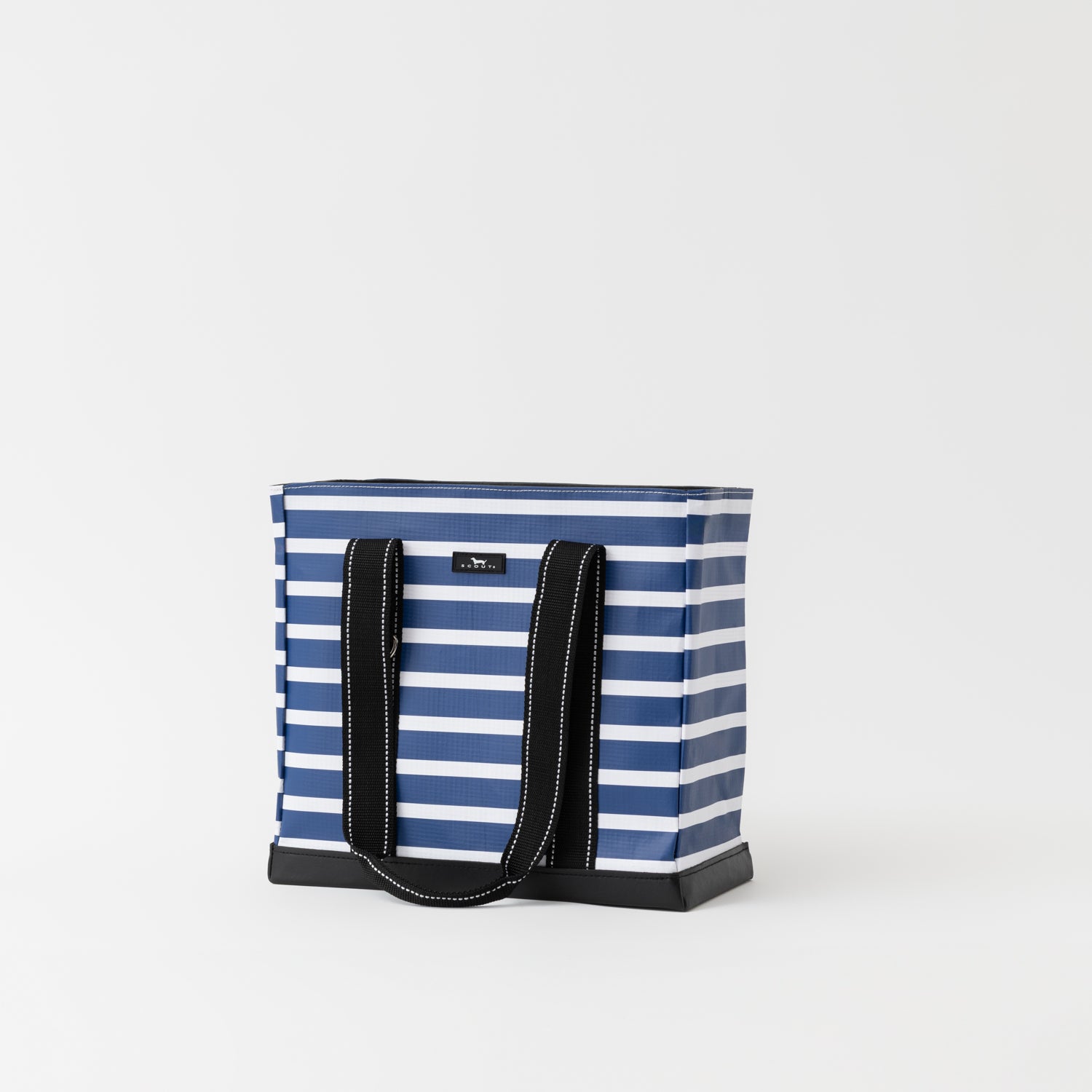 Blue and white striped tote bag with black handles on a light gray background
