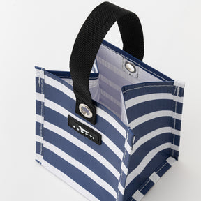 Blue and white striped tote bag with a black handle on a light gray background