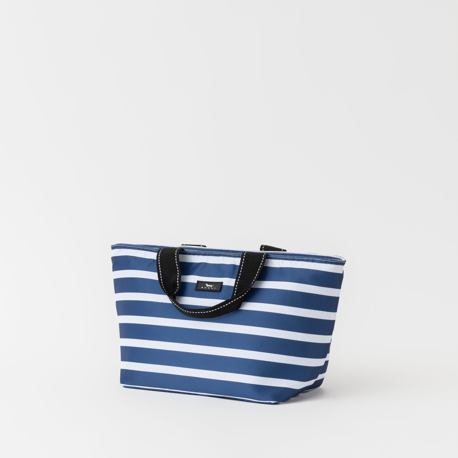 Blue and white striped tote bag with black handles on a light gray background