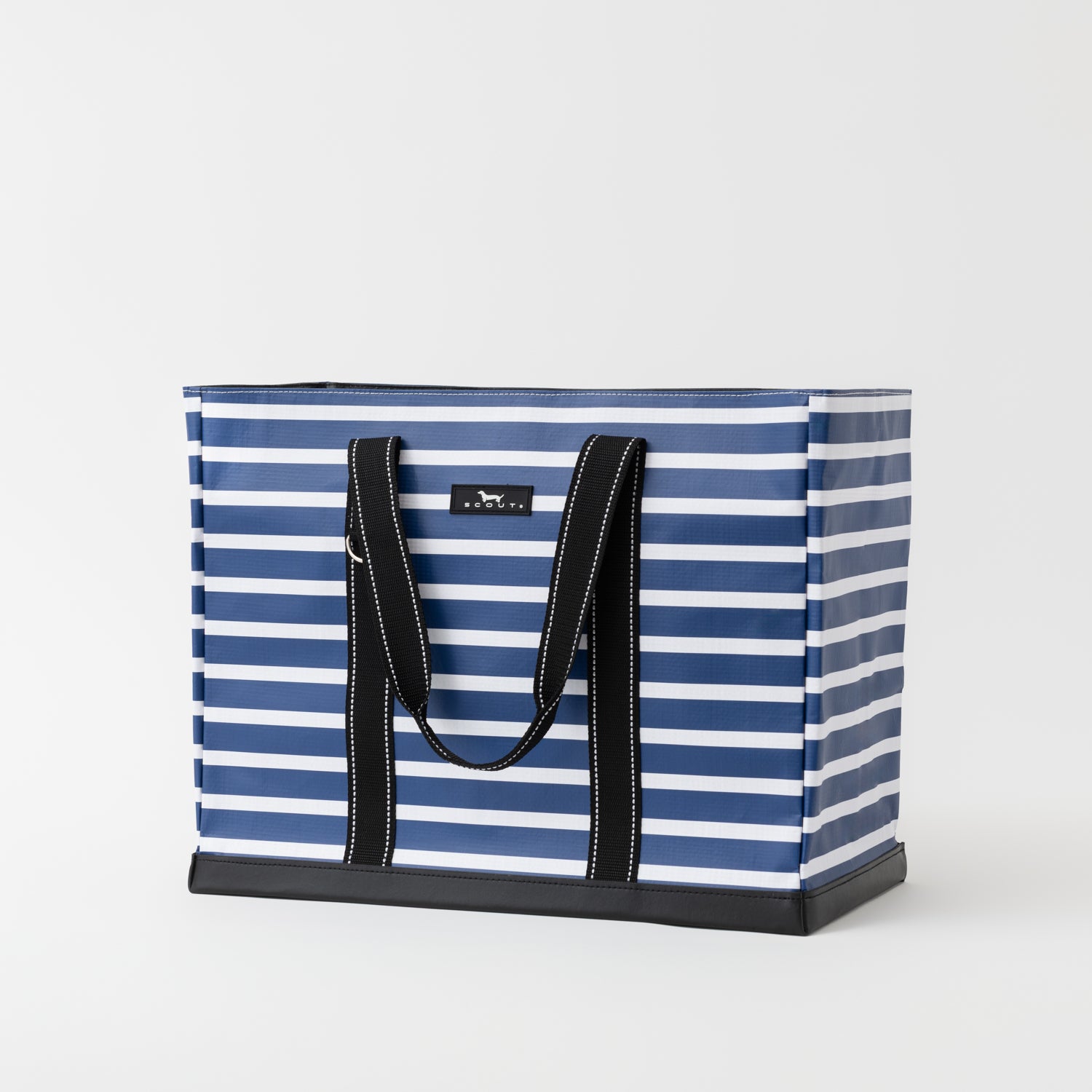 Blue and white striped tote bag with black handles on a light gray background