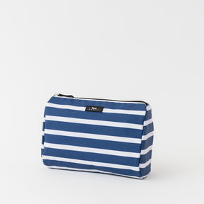 Blue and white striped pouch on a light gray background