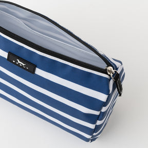 Blue and white striped pouch with a brand label on a light gray background