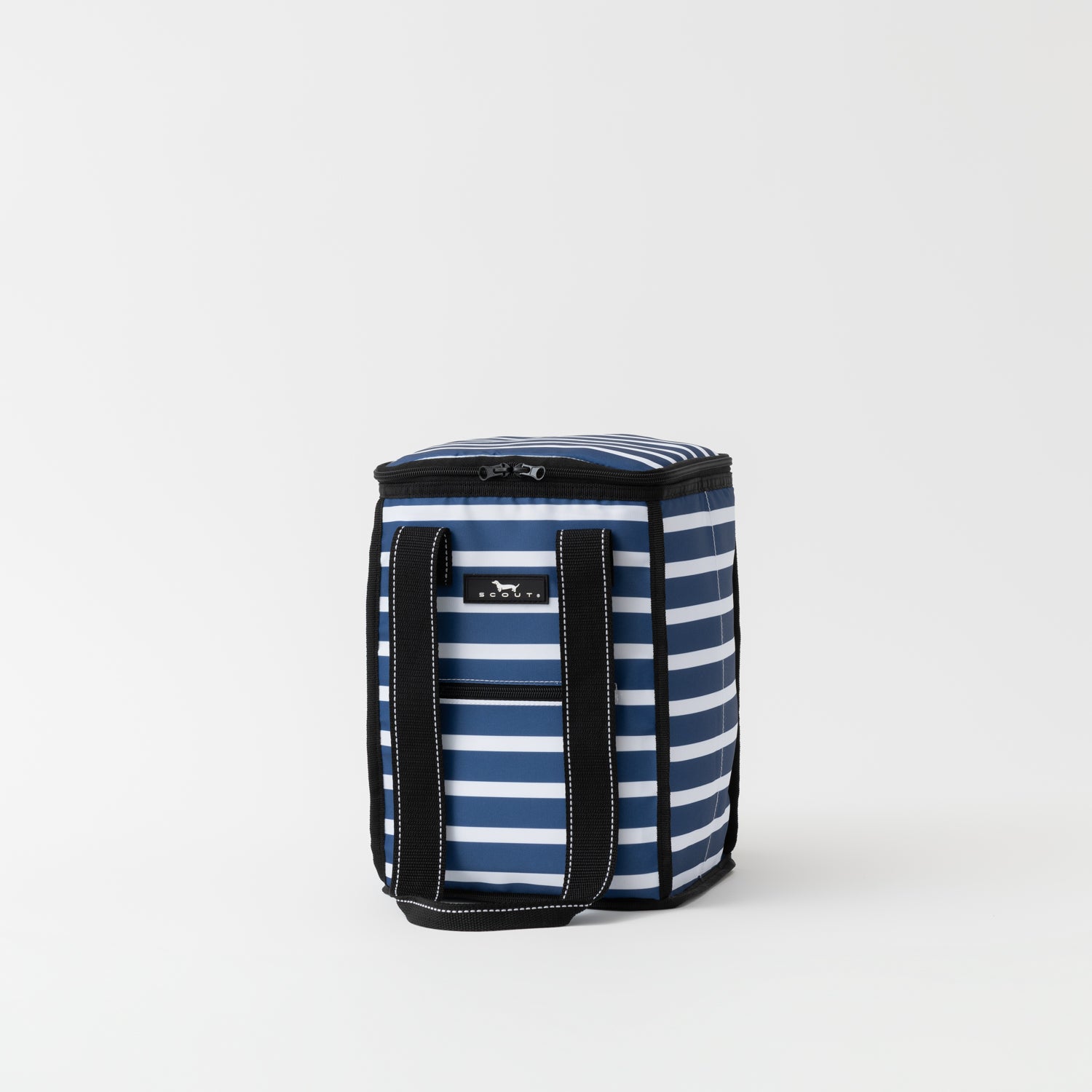Navy and white striped cooler bag with black handles on a light gray background