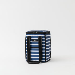 Navy and white striped cooler bag with black handles on a light gray background