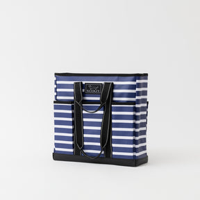 Blue and white striped tote bag with black accents on a light gray background