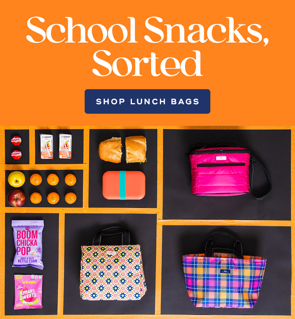 Overhead picture of school snacks and colorful fall lunch bags with text "School Snacks, Sorted" 