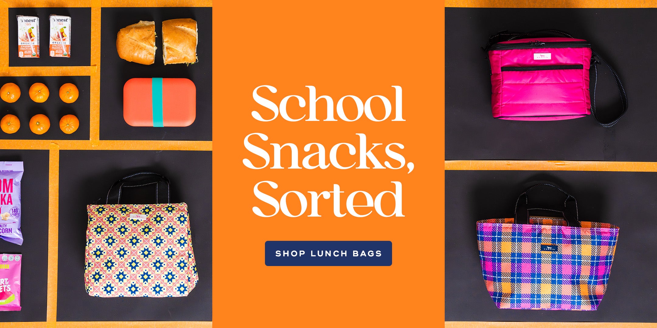 Overhead picture of school snacks and colorful fall lunch bags with text "School Snacks, Sorted" 
