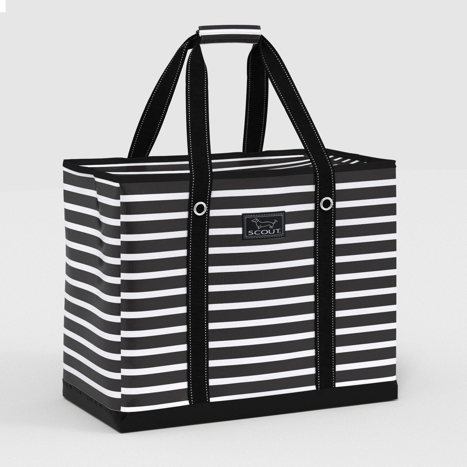 Black and white striped tote bag with 'Scout' logo on a light gray background