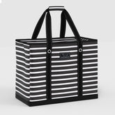 Black and white striped tote bag with 'Scout' logo on a light gray background
