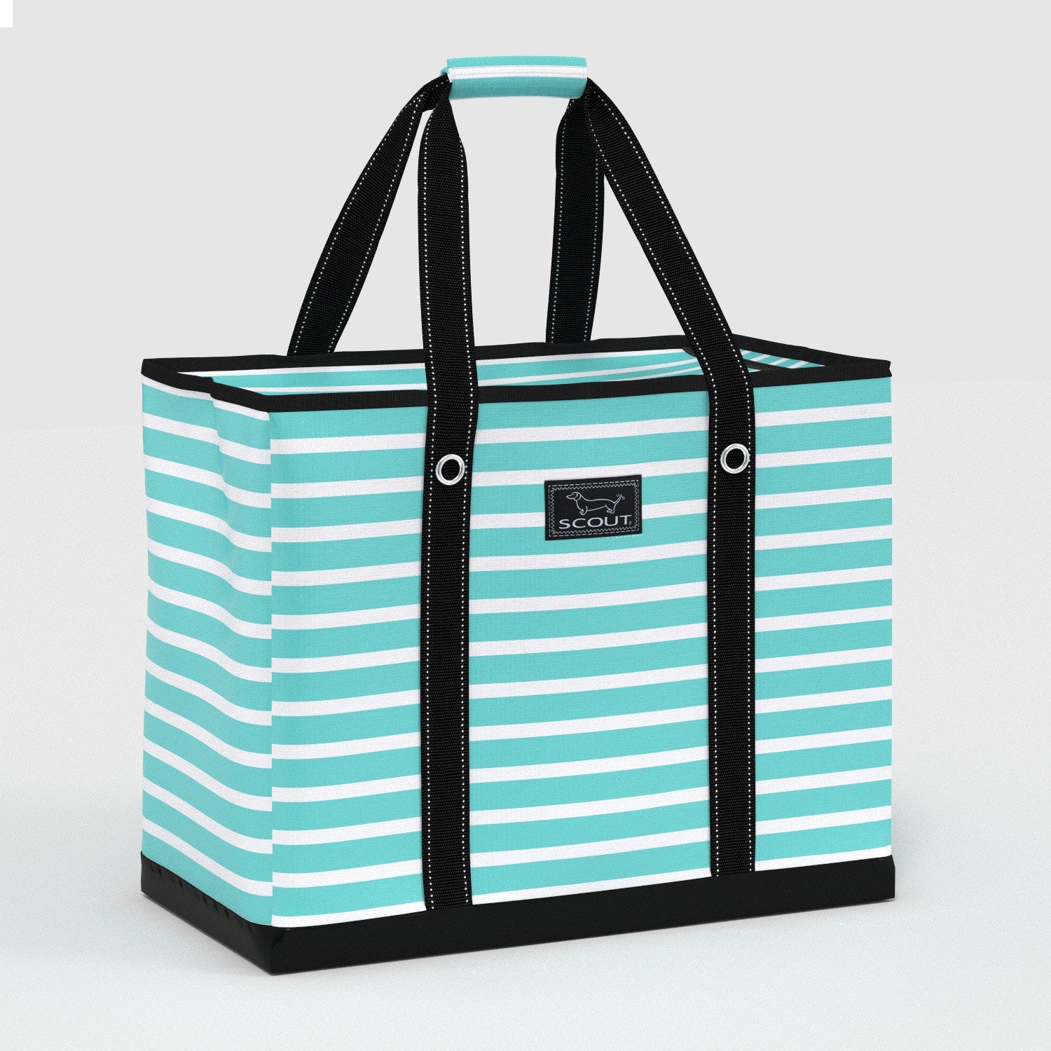 Striped tote bag with black handles on a white background