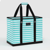 Striped tote bag with black handles on a white background