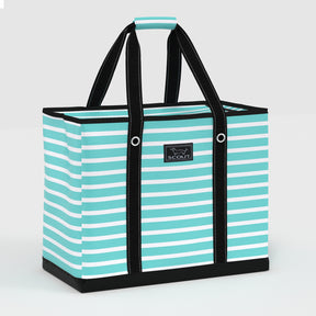 Striped tote bag with black handles on a white background