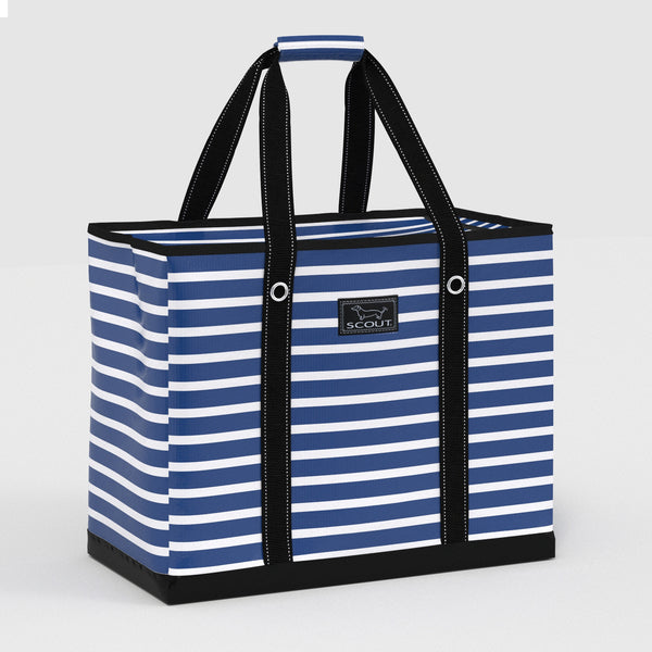 Blue and white striped tote bag with black handles on a light gray background