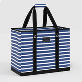 Blue and white striped tote bag with black handles on a light gray background