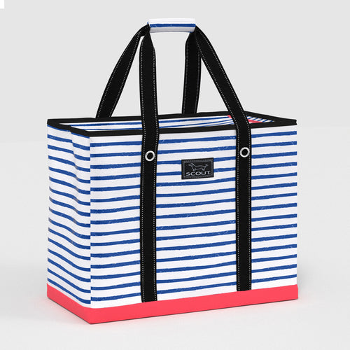 Striped tote bag with black handles on a white background