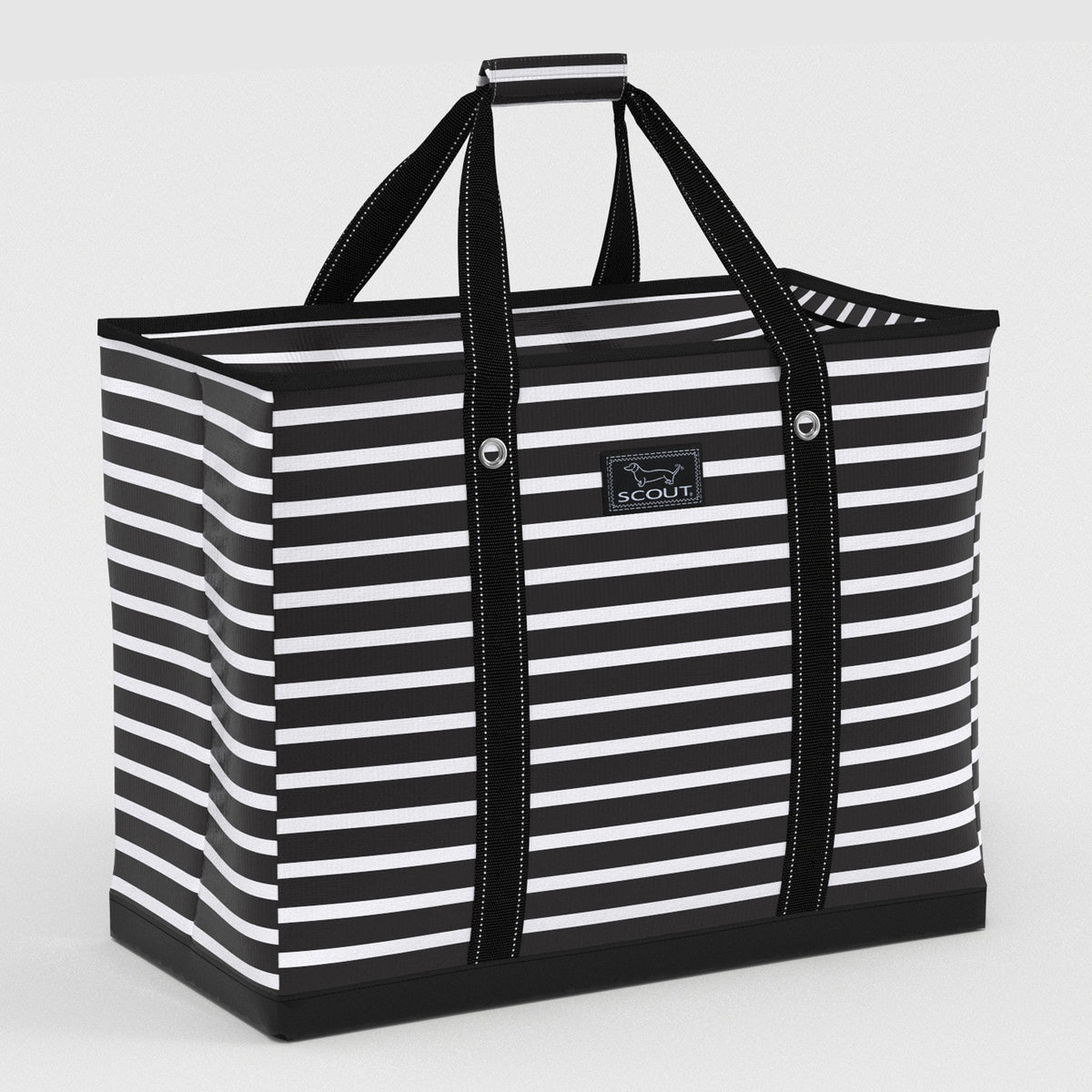 Black and white striped tote bag with a visible brand logo on a light gray background