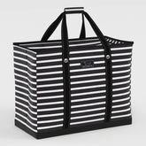 Black and white striped tote bag with a visible brand logo on a light gray background