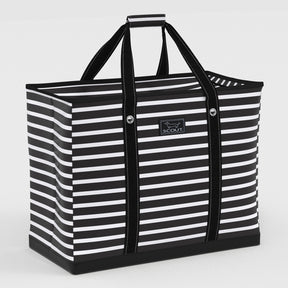 Black and white striped tote bag with a visible brand logo on a light gray background