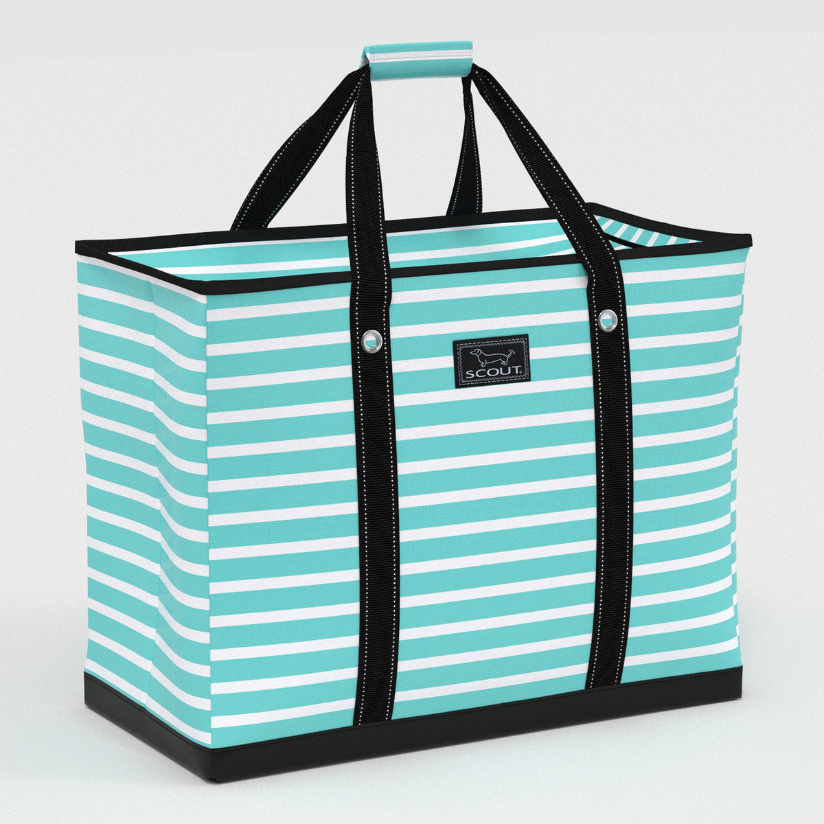 Seafoam/Mint Striped tote bag with black handles and trim on a white background