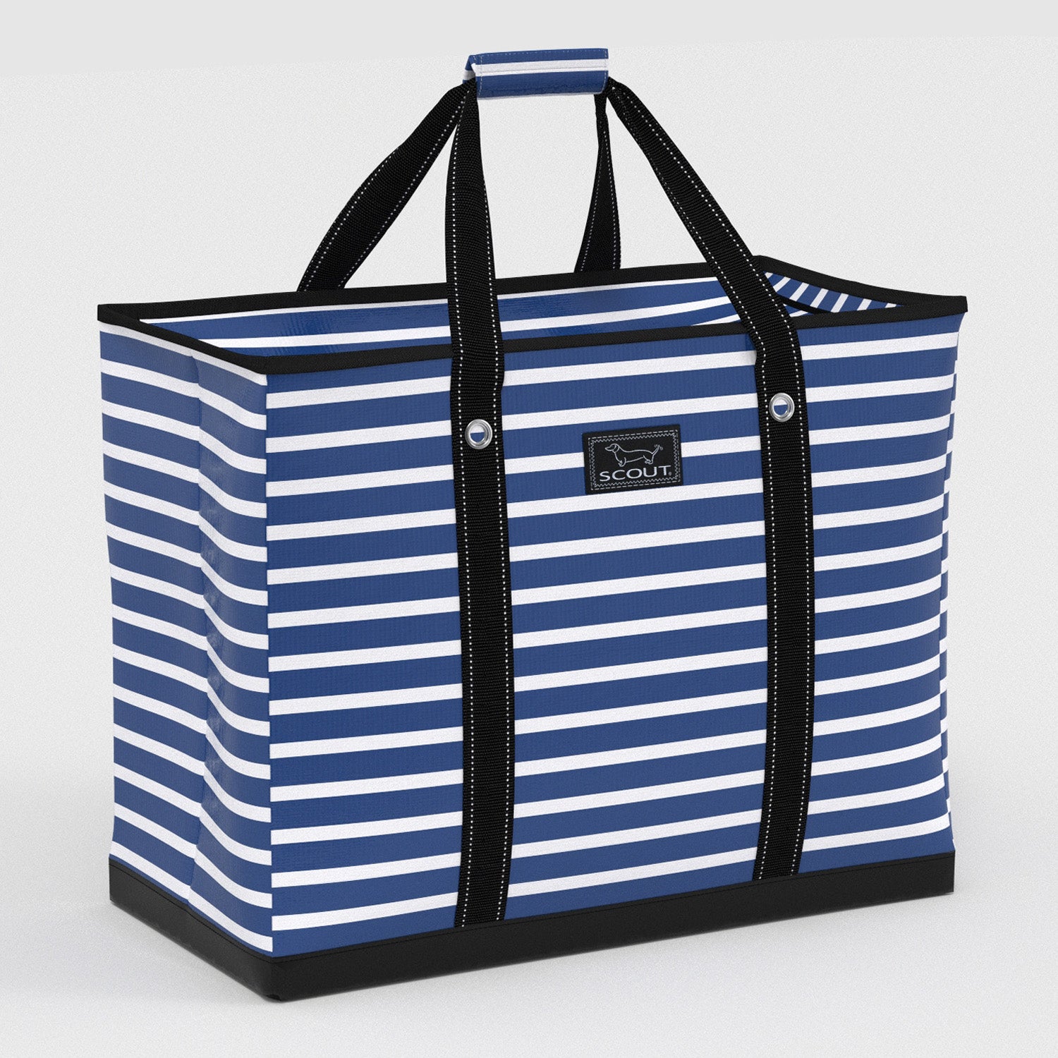 Blue and white striped tote bag with black handles on a light gray background
