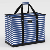 Blue and white striped tote bag with black handles on a light gray background