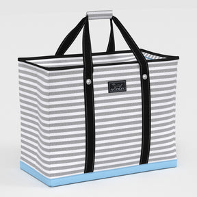 black and white striped XL bag with pale blue bottom and black handles logo