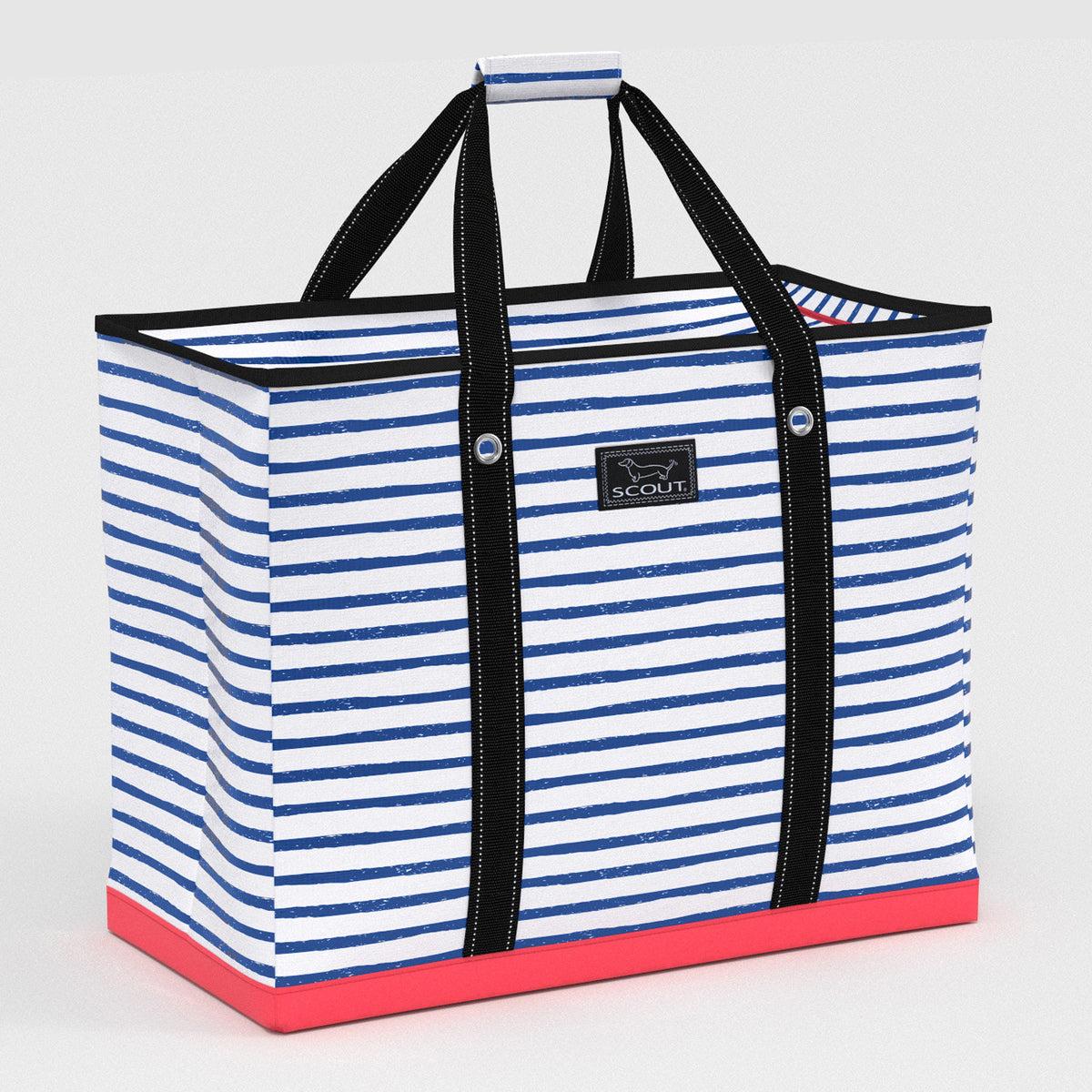 navy and white striped XL bag with pink bottom on gray background