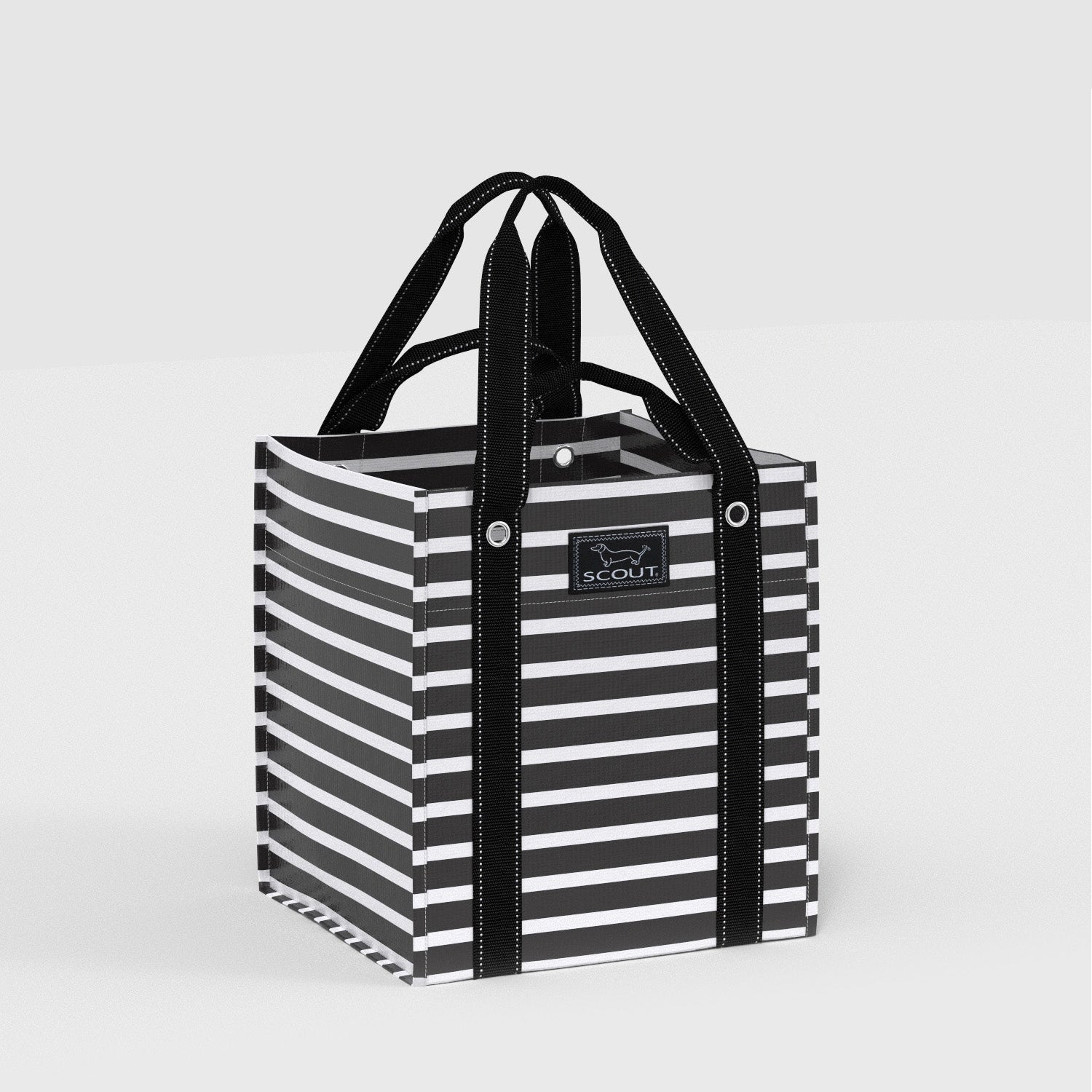 black and white striped grocery and market tote on grey background