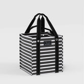 black and white striped grocery and market tote on grey background