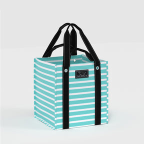 Striped tote bag with black handles on a light gray background